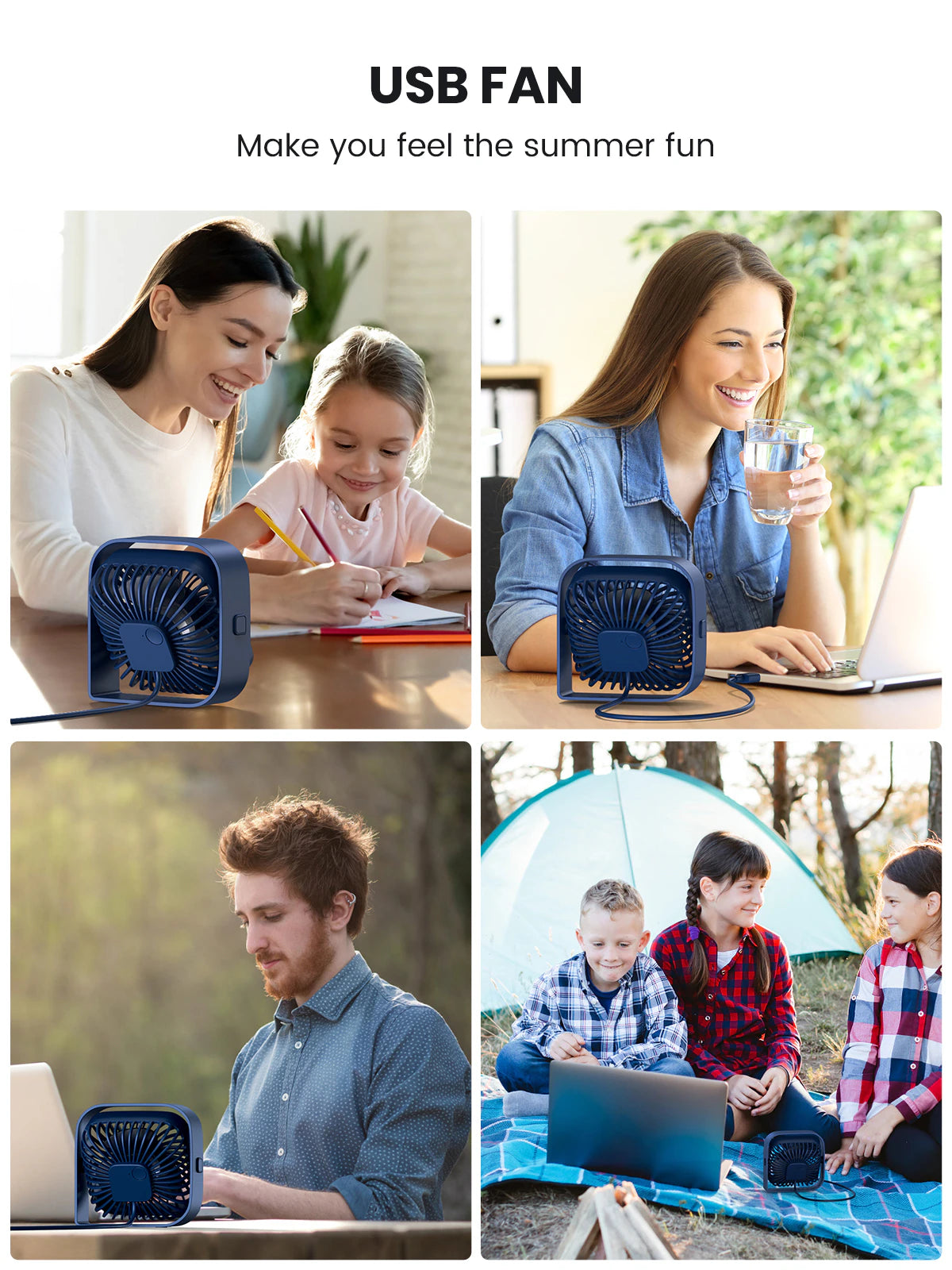 USB Desk Fan Strong Airflow & Quiet Operation Three-Speed Wind Mini Table Fan 360° Rotatable Head for Home Office Bedroom