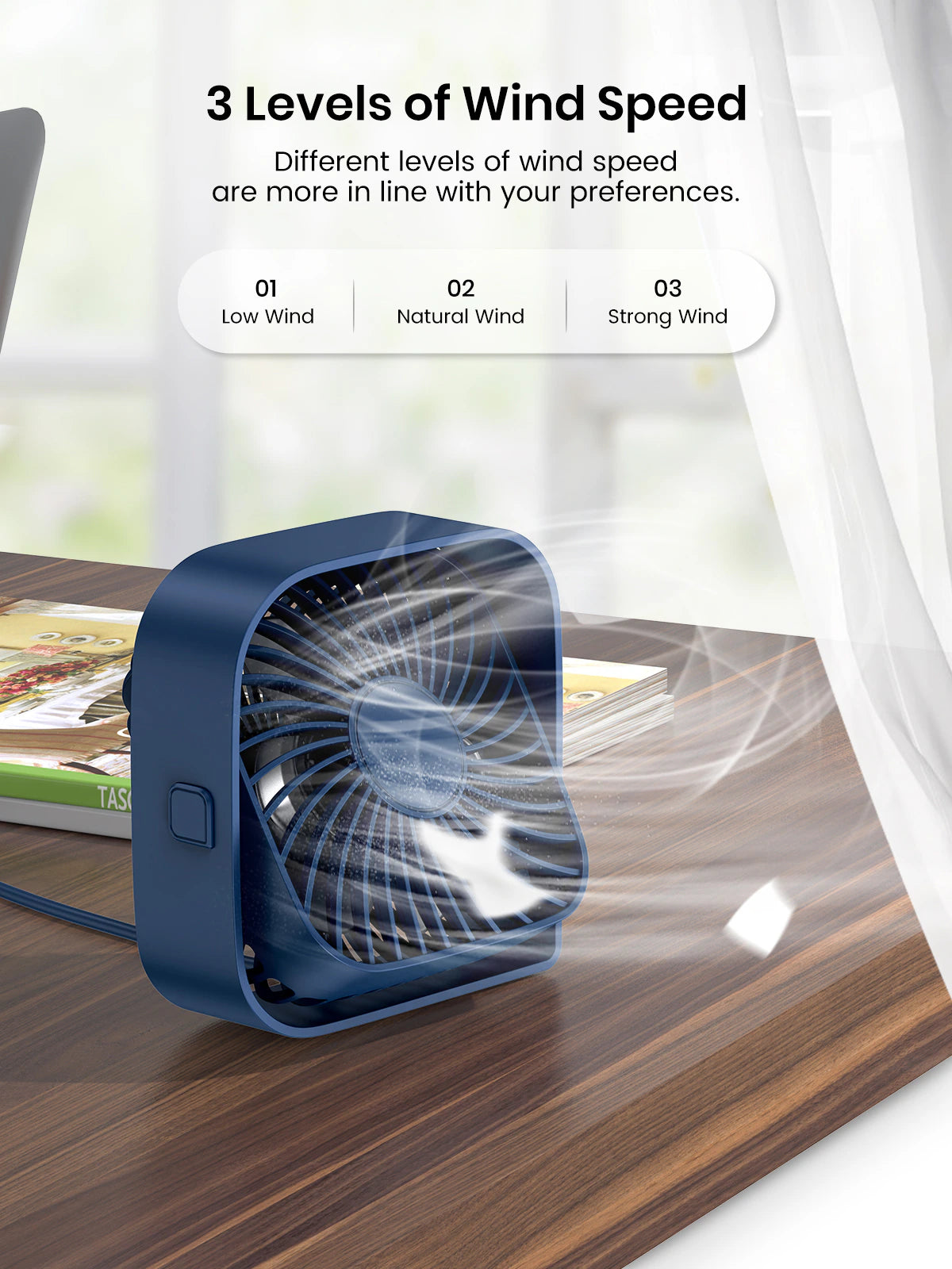 USB Desk Fan Strong Airflow & Quiet Operation Three-Speed Wind Mini Table Fan 360° Rotatable Head for Home Office Bedroom